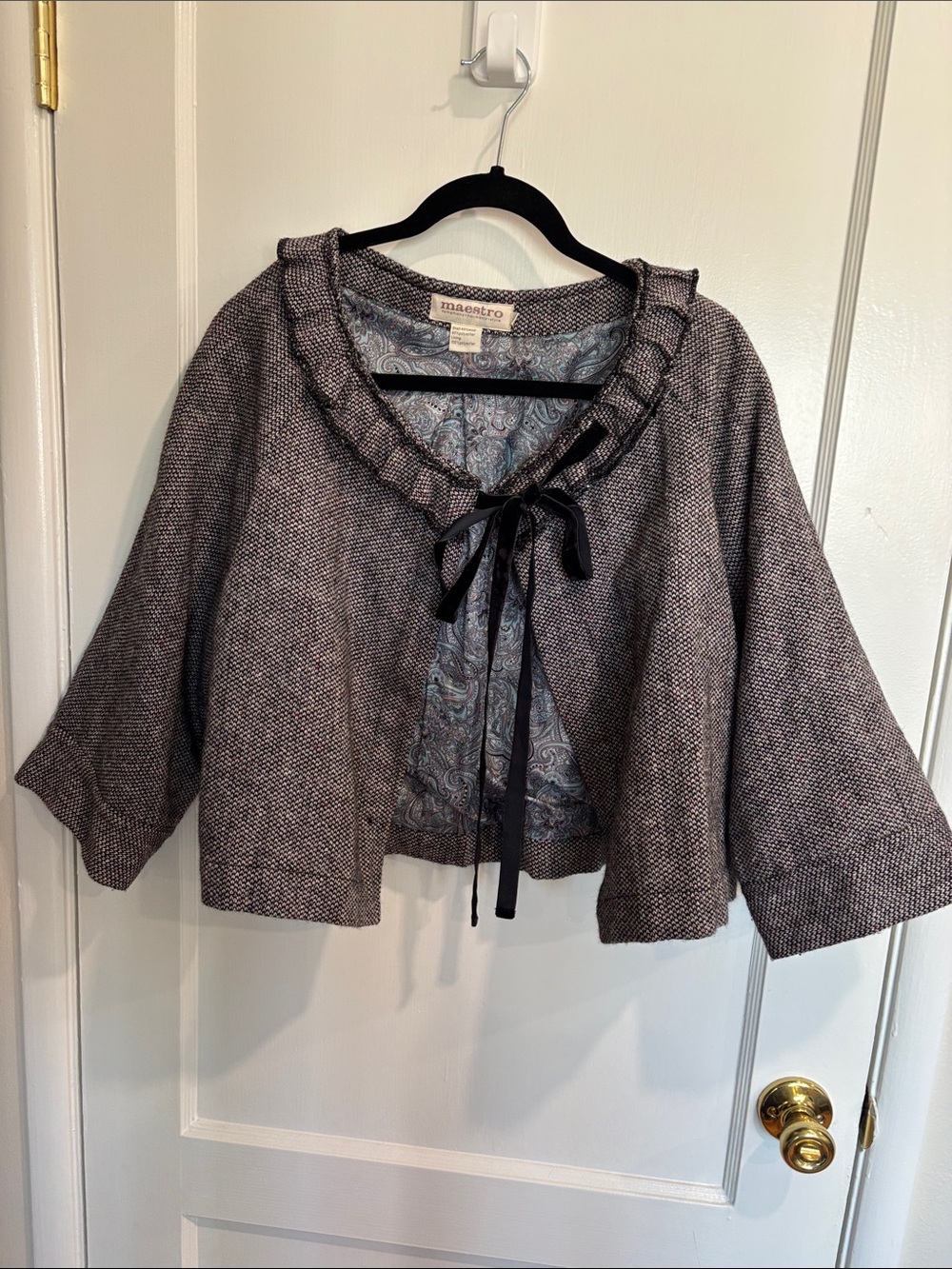 Maestro by Anthropologie Gray Cropped Ruffle-Trim Jacket wool blend